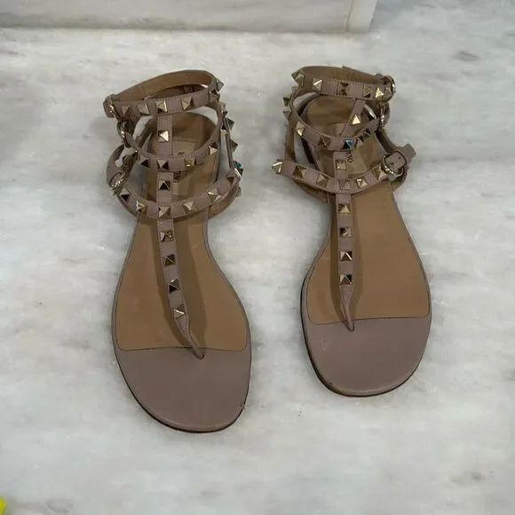 Valentino Poudre rockstud sandals 38 tan blush with gold studs ankle strap - Picture 3 of 12